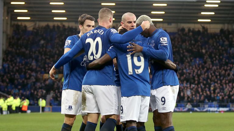 Ross Barkley (second from left) celebrates with team-mates after scoring Everton's third