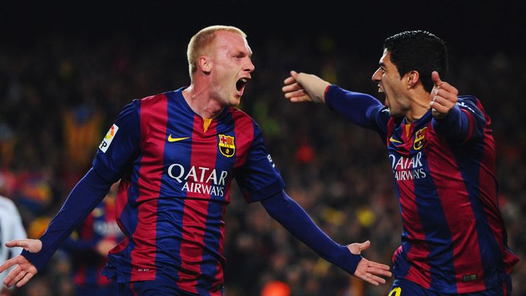 Mathieu and Suarez celebrate Barca's opener