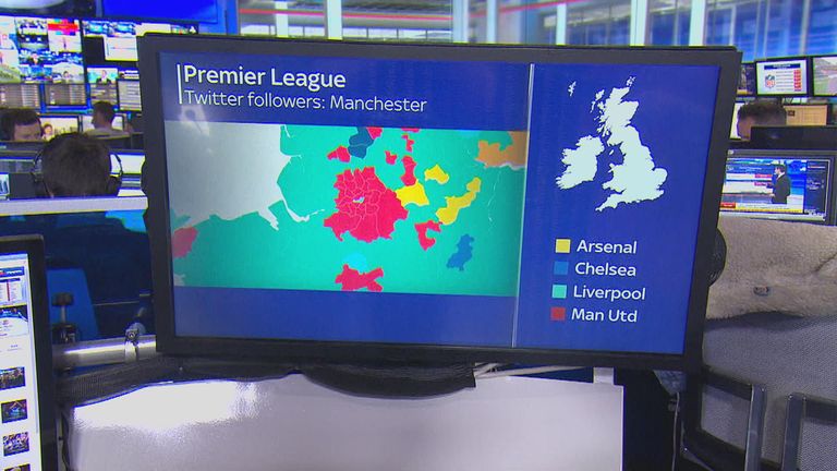 A map of Manchester shows United's support is higher than City's in every area bar one