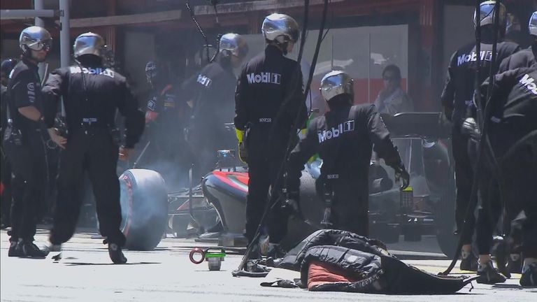 Brake problems meant Alonso couldn't stop on his marks in the McLaren pitbox in the Spanish GP