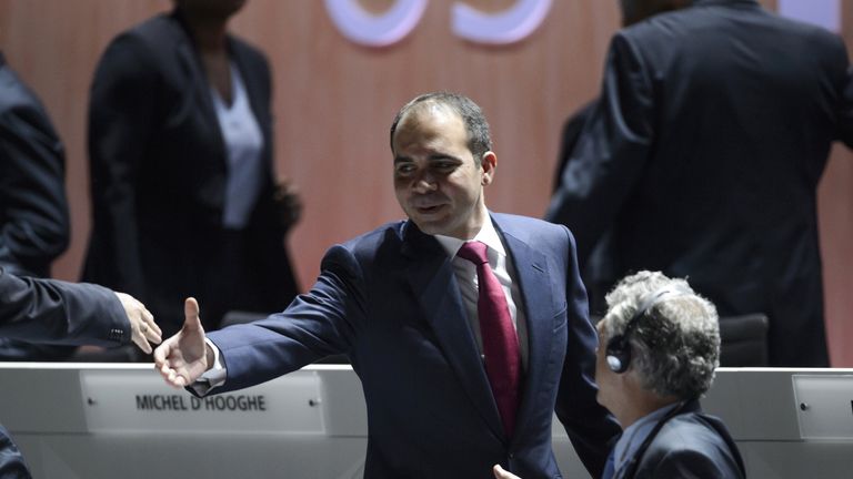 Challenger for the FIFA presidency, FIFA vice president Prince Ali bin al Hussein at the opening of the 65th FIFA Congress in Zurich