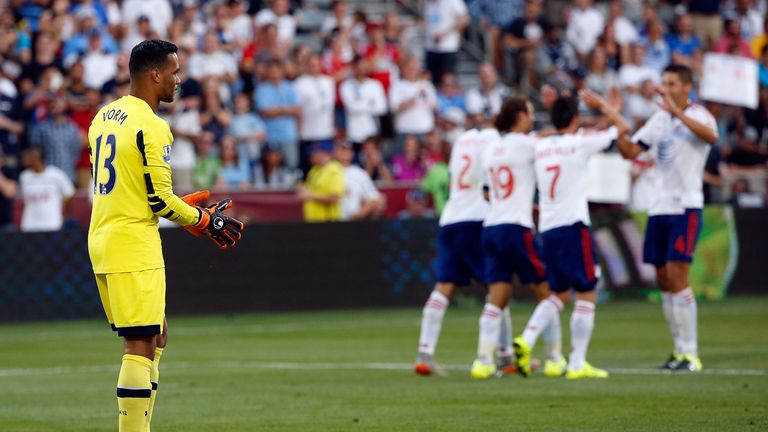 Tottenham goalkeeper Michel Vorm looks on as David Villa (7) celebrates after doubling the lead for the MLS All-Stars