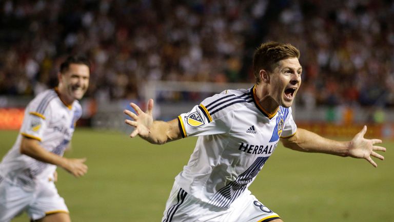 Gerrard celebrates his first goal for LA Galaxy following his switch to the MLS.