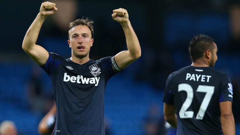 Mark Noble celebrates West Ham's fine win at Manchester City last weekend