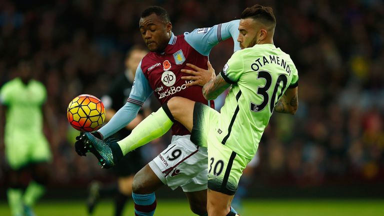 Aston Villa forward Jordan Ayew battles with Nicolas Otamendi during Sunday's 0-0 draw