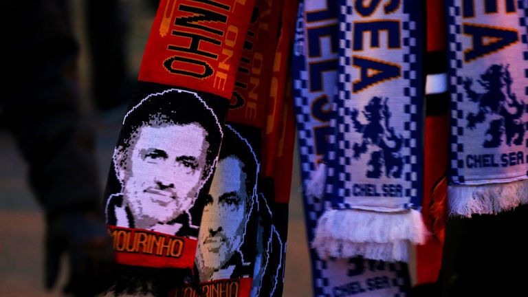 Manchester United scarves displaying the image of former Chelsea manager Jose Mourinho were on sale outside Old Trafford