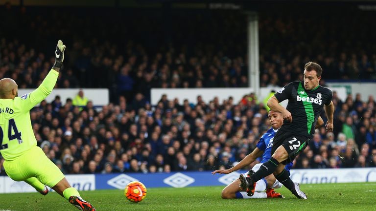 Xherdan Shaqiri, pictured scoring against Everton, is Stoke's current record signing