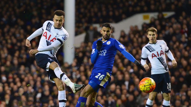 Dele Alli shoots at goal during his side's 1-0 defeat to Leicester