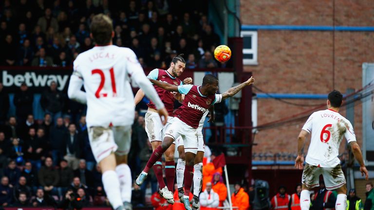 Andy Carroll (second left) scores West Ham's second goal
