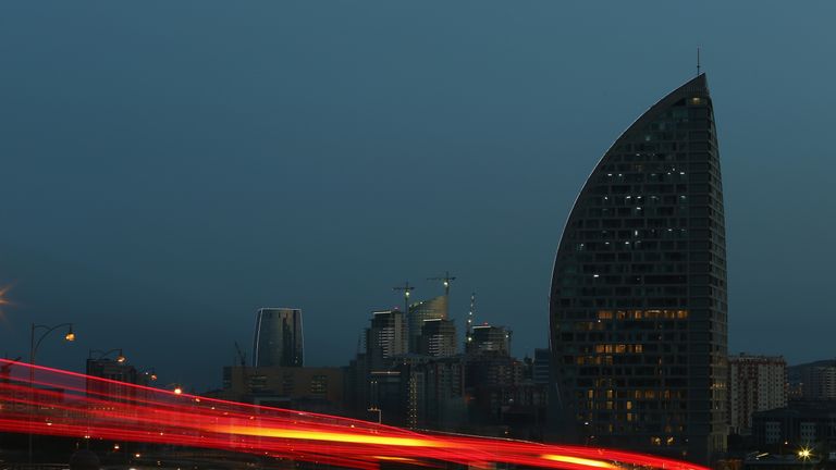 The Trump Tower at dusk in Baku