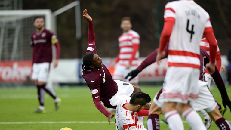 Hamilton's Jesus Garcia Tena was sent off for this challenge on Arnaud Djoum