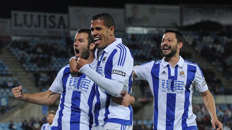 Jonathas (centre) scored both of Sociedad's goal against Valencia
