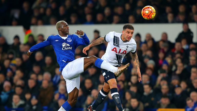 Kyle Walker (right) heads the ball under pressure from Arouna Kone