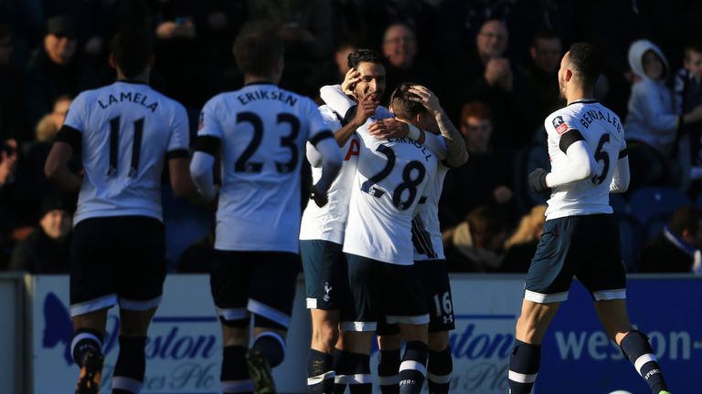 Nacer Chadli celebrates after scoring against Colchester