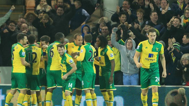 Norwich celebrate Tettey's winning goal at Carrow Road