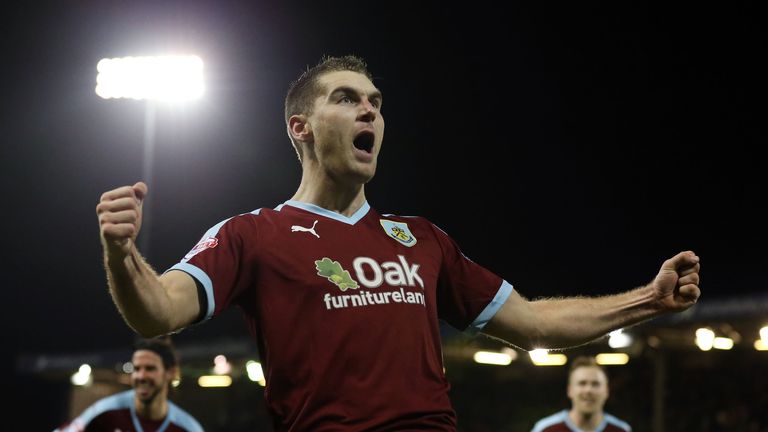 Burnley's Sam Vokes celebrates scoring his side's third goal of the game