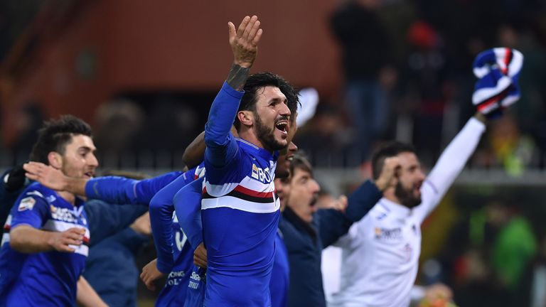 Roberto Soriano leads the Sampdoria celebrations after the derby win