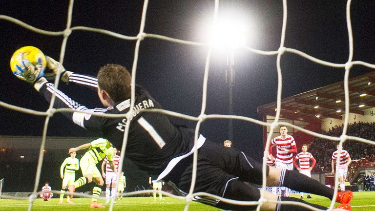 Hamilton goalkeeper Michael McGovern saves a penalty from Celtic striker Leigh Griffiths