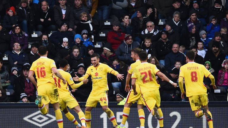 MK Dons' Jake Forster-Caskey celebrates scoring his side's winner against Derby