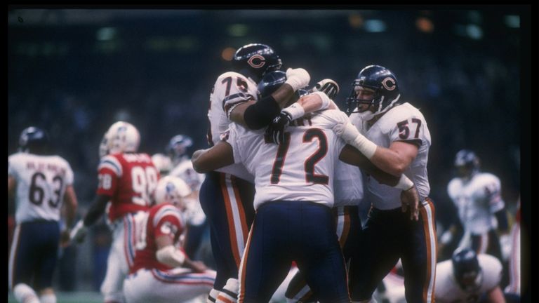 William Perry #72 is swamped by his teammates after scoring