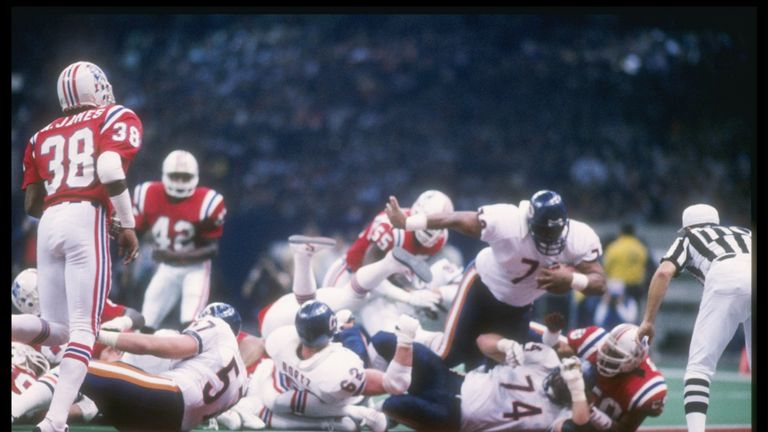 William Perry hurls himself through the Patriots to score at Super Bowl XX
