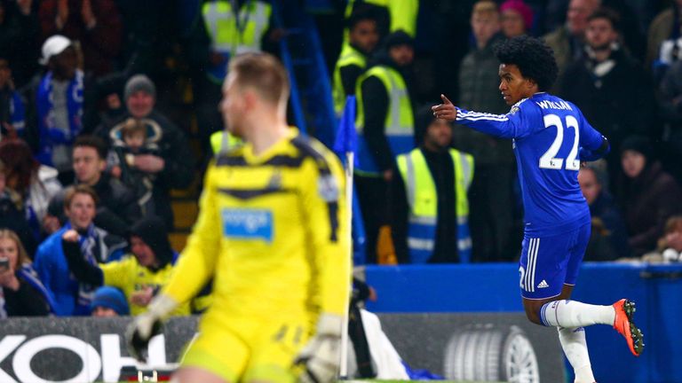 Willian celebrates scoring Chelsea's third goal against Newcastle