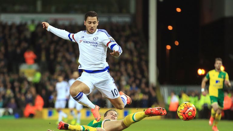 Eden Hazard is tackled at Carrow Road