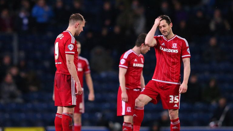Jordan Rhodes and David Nugent of Middlesbrough look on after conceding the opening goal against Blackburn