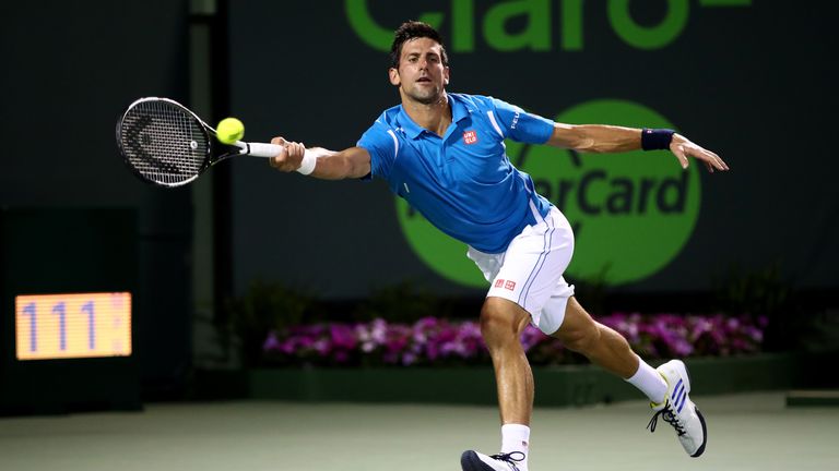 Novak Djokovic is in action at the Miami Open on Sunday