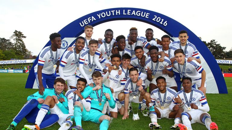 Chelsea U19s celebrate their UEFA Youth League success in Nyon