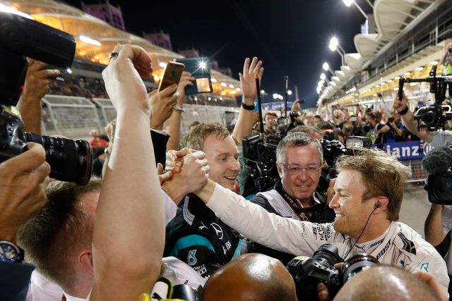 Mercedes driver Nico Rosberg celebrates winning the Bahrain Grand Prix
