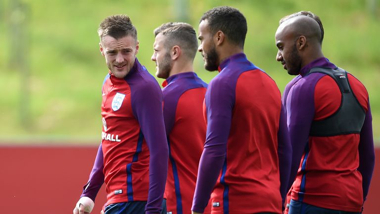 Vardy (L) is currently away with England preparing for Euro 2016