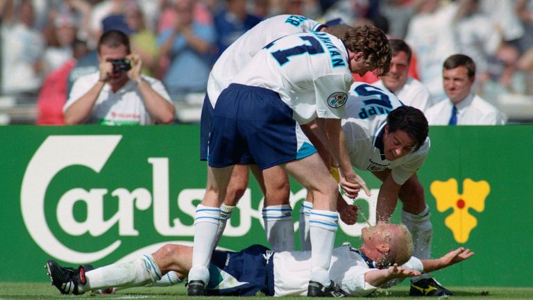 Paul Gascoigne celebrates his stunning goal against Scotland at Euro '96