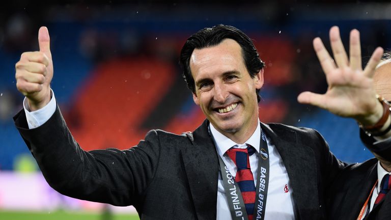 Unai Emery celebrates after Sevilla's success in the Europa Cup