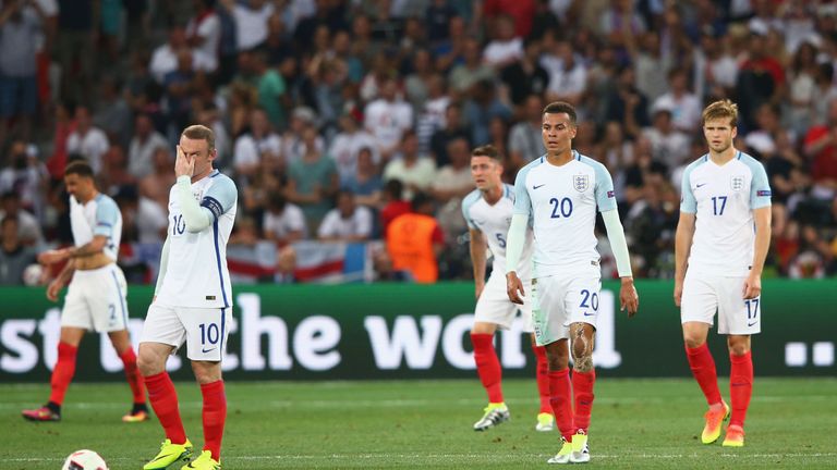 (Left to right) Wayne Rooney, Dele Alli and Eric Dier look on after Iceland's second goal