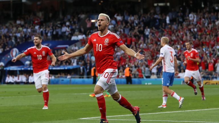 Aaron Ramsey celebrates his goal in Wales' 3-0 win over Russia in Group B