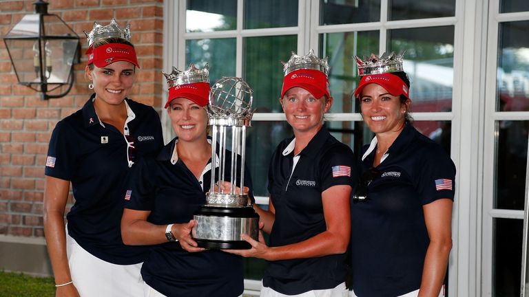 Lexi Thompson, Cristie Kerr, Stacy Lewis and Gerina Piller of the United States pose with the trophy after winning the International Crown