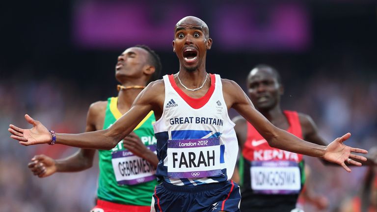 Farah crosses the finish line to win 5,000m gold at the London Olympics in 2012