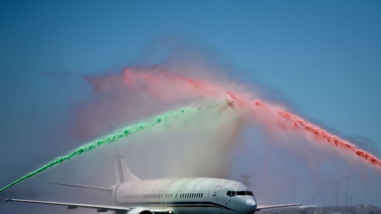 Portugal's plane - nicknamed Eusebio - was showered with red and green
