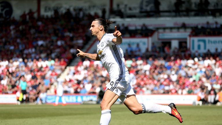 Zlatan Ibrahimovic celebrates scoring Manchester United's third goal