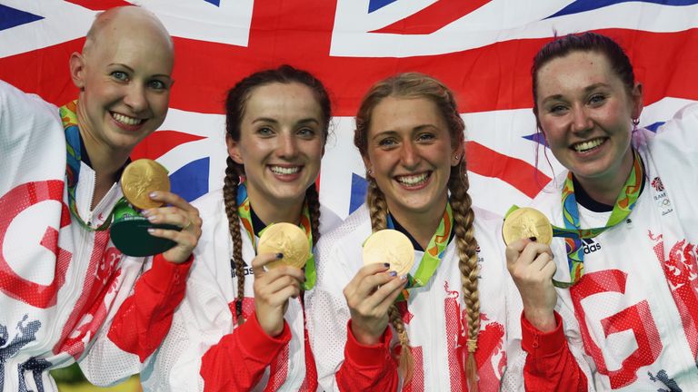Barker (2L) celebrates with her team pursuit gold medal alongside Joanna Rowsell Shand, Laura Trott and Katie Archibald in Rio
