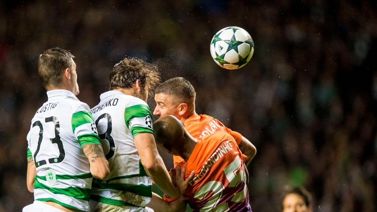 Sviatchenko (2nd left) in action against Manchester City in last season's Champions League