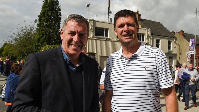 Niall Quinn (right) and former Ireland team-mate Packie Bonner pictured outside Croke Park ahead of the All-Ireland final