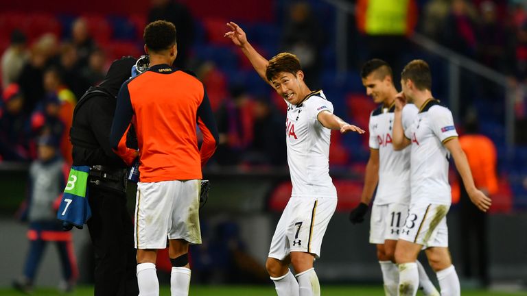 Tottenham's Heung-Min Son celebrates at full-time in Moscow