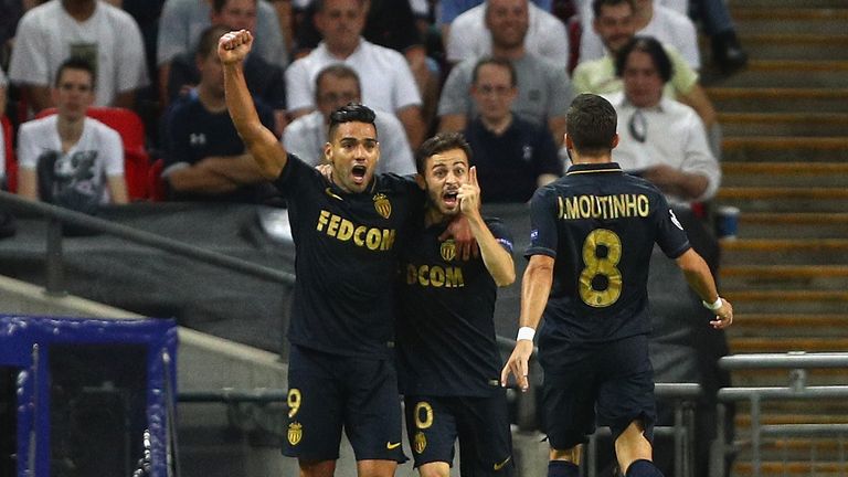 Bernardo Silva celebrates with Radamel Falcao Garcia and Joao Moutinho