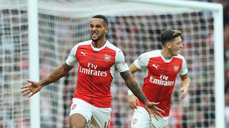 Theo Walcott celebrates scoring Arsenal's second goal against Chelsea