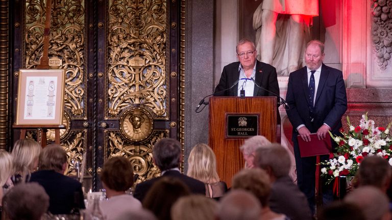 Professor Phil Scraton makes a speech after receiving the Freedom of the City of Liverpool