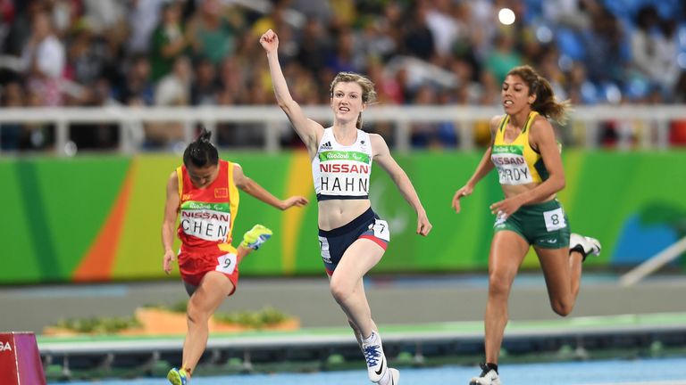 Sophie Hahn celebrates after winning the women's 100m T38