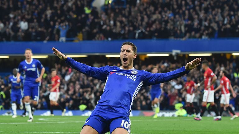 Eden Hazard celebrates scoring against Manchester United