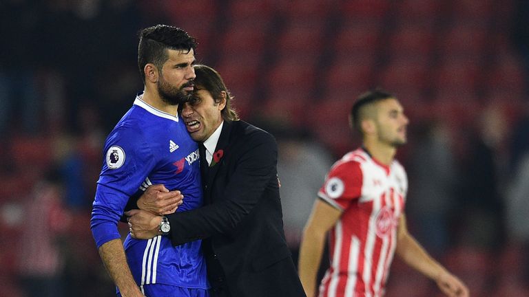 Chelsea boss Antonio Conte embraces Diego Costa after the win against Southampton